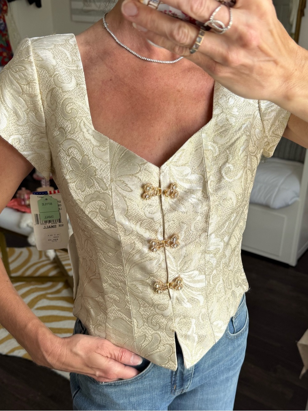 Y2K Gold Brocade Corset Top Rhinestone Party Glam Coquette - Picture 3 of 9
